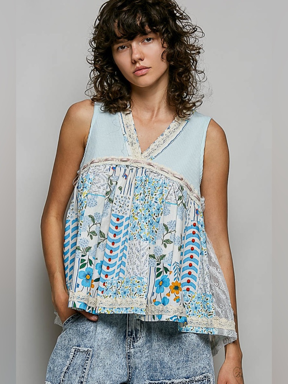 POL Floral V-Neck Sheer Tank with Lace Trim